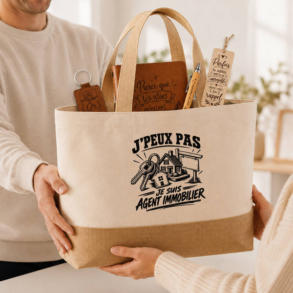 Coffret Cadeau J’peux pas je suis Agent immobilier – Sac jute, carnet, stylo, porte-clés et marque-page