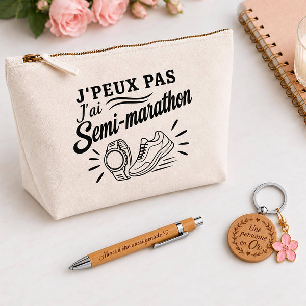 Coffret Cadeau J’peux pas j’ai Semi-marathon – Trousse, stylo bambou et porte-clés