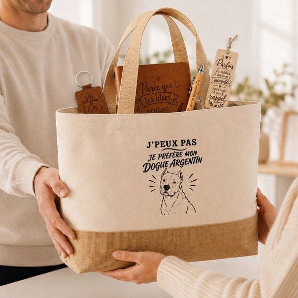 Coffret Cadeau J’peux pas je préfère mon Dogue Argentin – Sac jute, carnet, stylo, porte-clés et marque-page