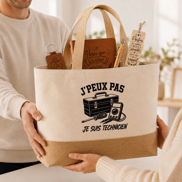Coffret Cadeau J’peux pas je suis Technicien – Sac jute, carnet, stylo, porte-clés et marque-page