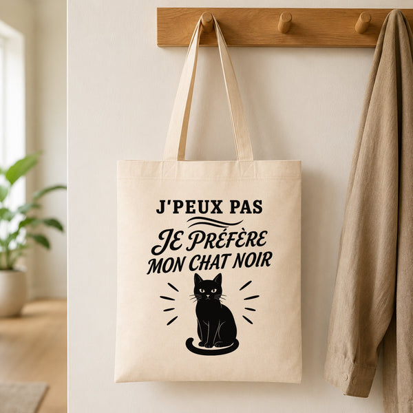 Tote Bag Beige J’peux pas je préfère mon Chat noir