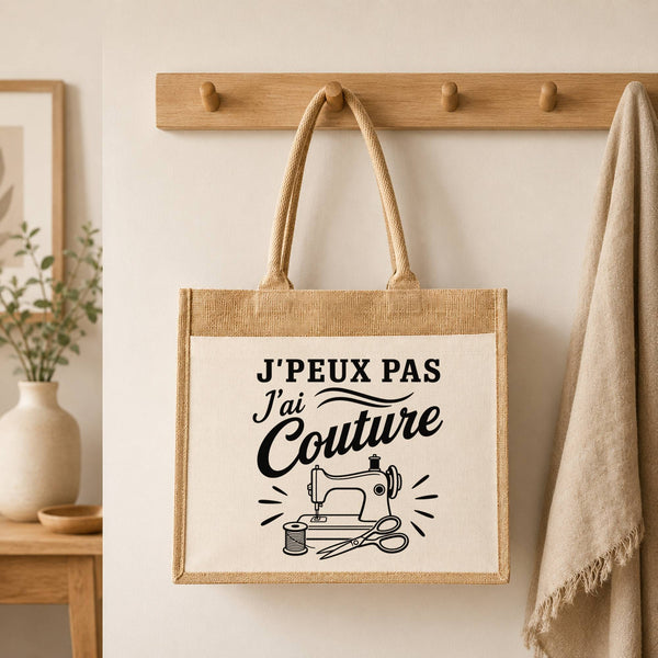 Sac Cabas Jute avec Poche J’peux pas j’ai couture J'peux pas minimaliste