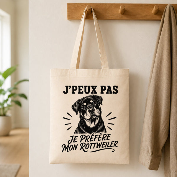 Tote Bag Beige J’peux pas je préfère mon Rottweiler