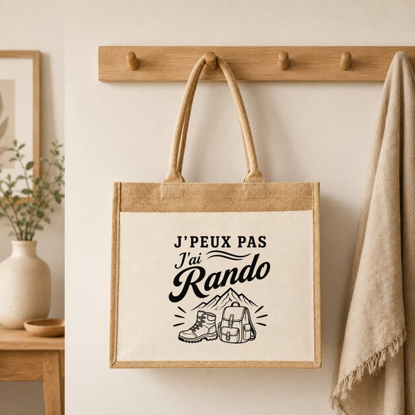 Sac Cabas Jute avec Poche J’peux pas j’ai Rando