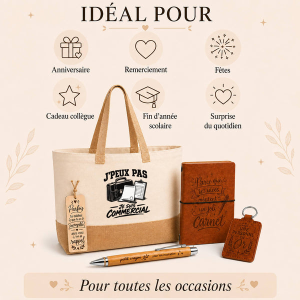 Coffret Cadeau J’peux pas je suis Commercial – Sac jute, carnet, stylo, porte-clés et marque-page