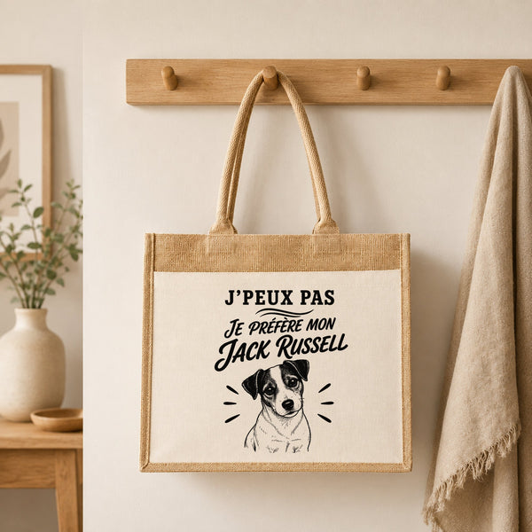 Sac Cabas Jute avec Poche J’peux pas je préfère mon Jack Russell