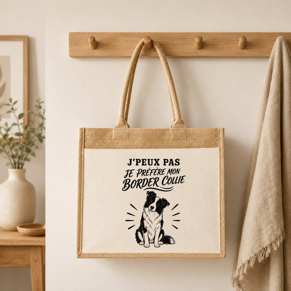 Sac Cabas Jute avec Poche J’peux pas je préfère mon Border Collie