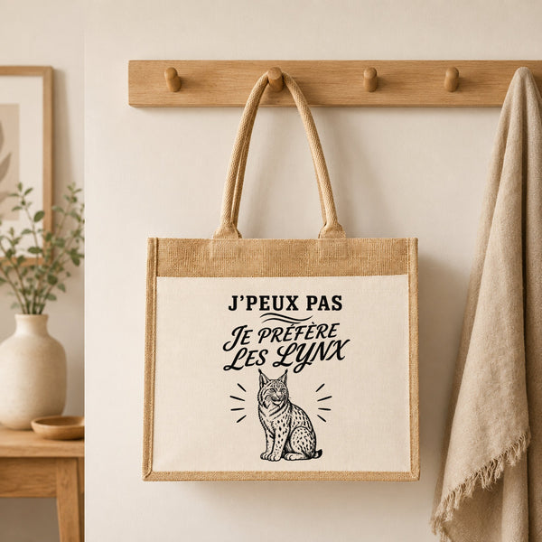 Sac Cabas Jute avec Poche J’peux pas je préfère les Lynx