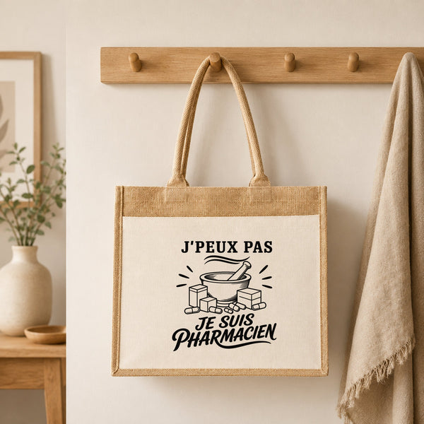 Sac Cabas Jute avec Poche J’peux pas je suis Pharmacien