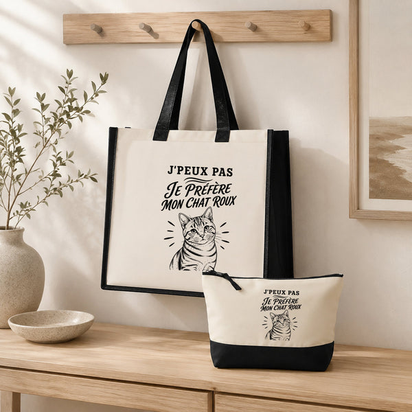 Ensemble Cabas et Trousse J’peux pas je préfère mon Chat roux