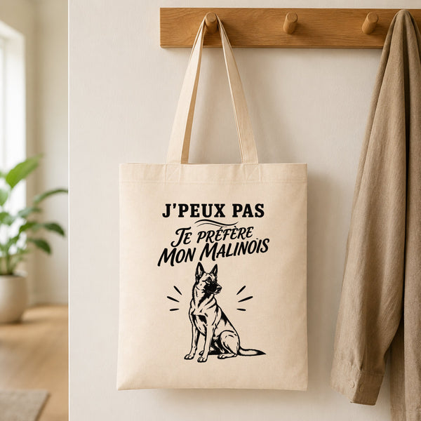 Tote Bag Beige J’peux pas je préfère mon Malinois