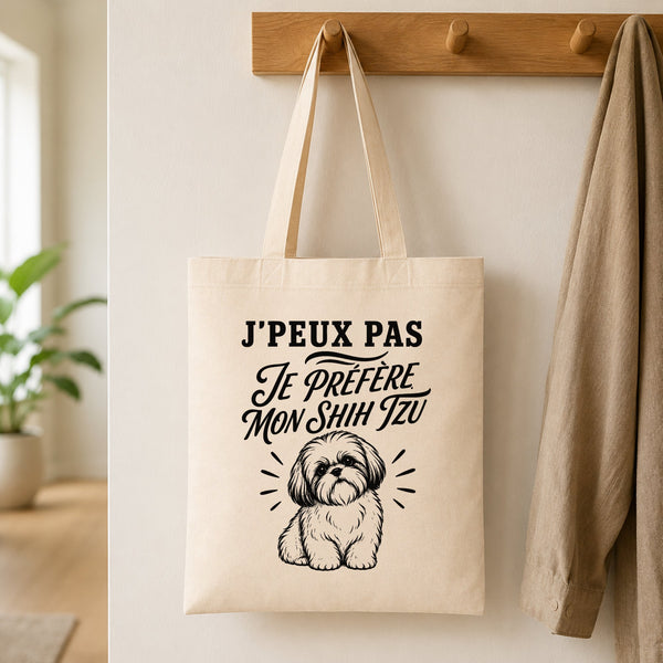 Tote Bag Beige J’peux pas je préfère mon Shih Tzu