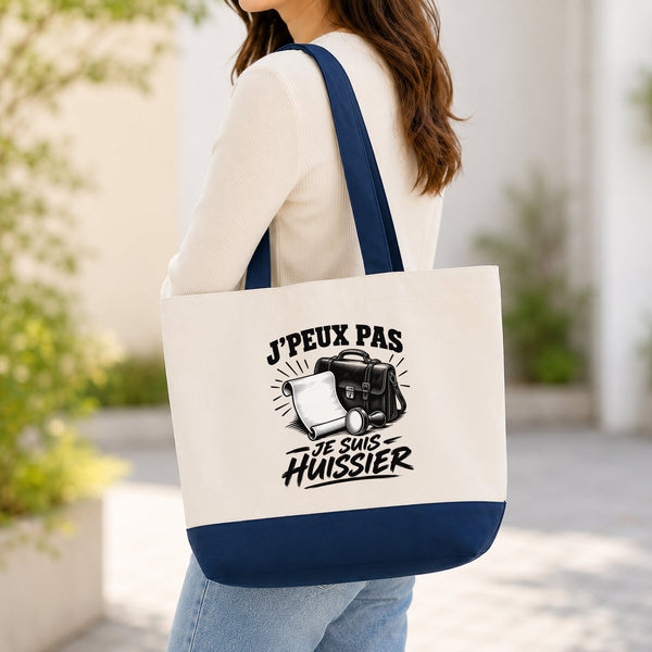 Grand Sac Cabas Fond Bleu J’peux pas je suis Huissier