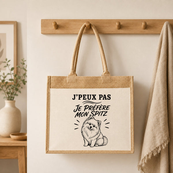 Sac Cabas Jute avec Poche J’peux pas je préfère mon Spitz