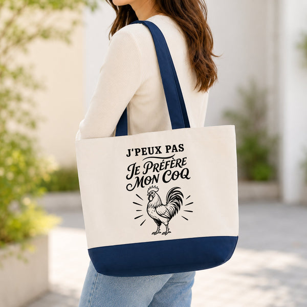 Grand Sac Cabas Fond Bleu J’peux pas je préfère mon Coq