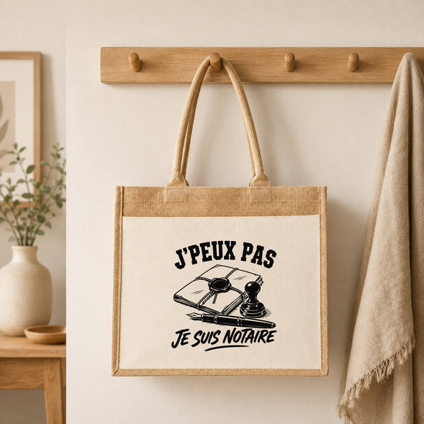 Sac Cabas Jute avec Poche J’peux pas je suis Notaire
