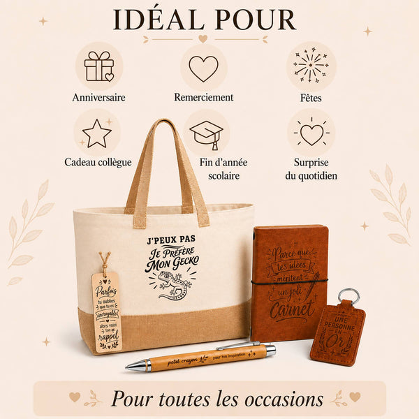Coffret Cadeau J’peux pas je préfère mon Gecko – Sac jute, carnet, stylo, porte-clés et marque-page