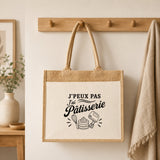 Sac Cabas Jute avec Poche J’peux pas j’ai Pâtisserie