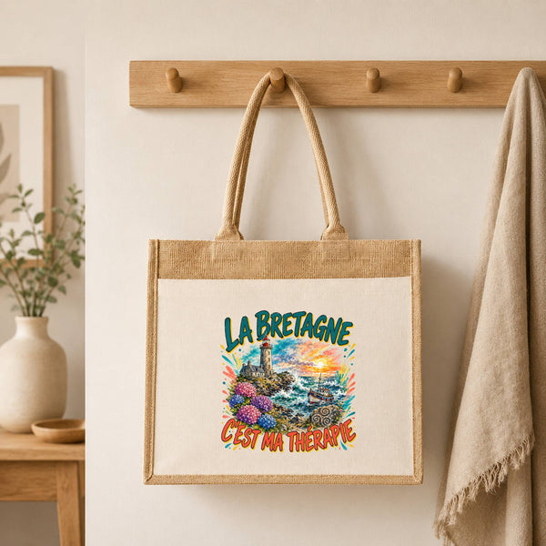 Sac Cabas Jute avec Poche La bretagne c'est ma thérapie