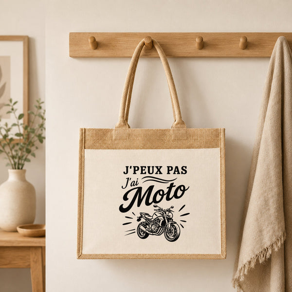 Sac Cabas Jute avec Poche J’peux pas j’ai Moto