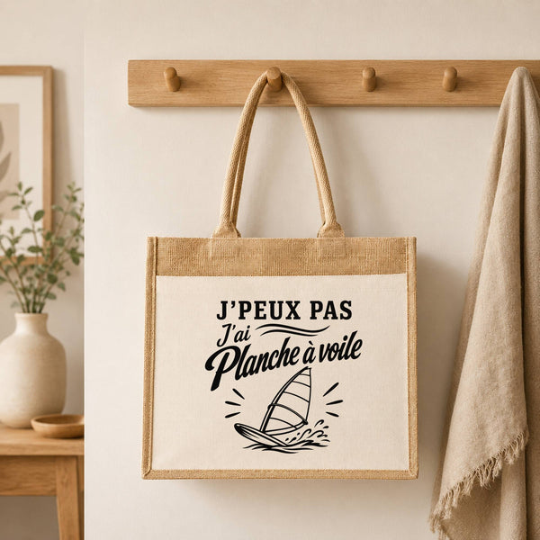 Sac Cabas Jute avec Poche J’peux pas j’ai planche à voile J'peux pas minimaliste
