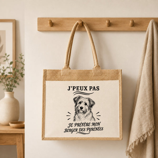 Sac Cabas Jute avec Poche J’peux pas je préfère mon Berger des Pyrénées