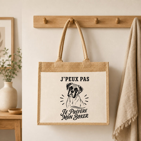 Sac Cabas Jute avec Poche J’peux pas je préfère mon Boxer