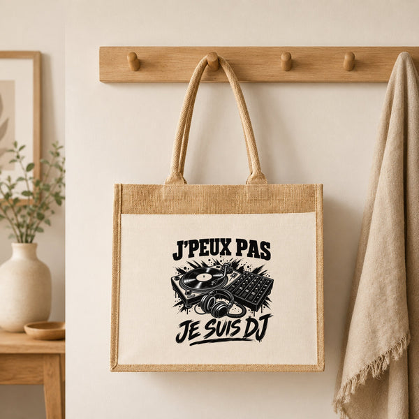 Sac Cabas Jute avec Poche J’peux pas je suis DJ