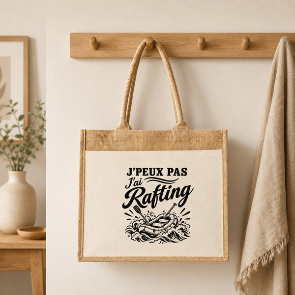 Sac Cabas Jute avec Poche J’peux pas j’ai Rafting