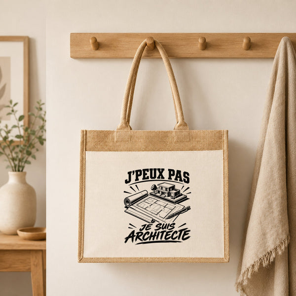 Sac Cabas Jute avec Poche J’peux pas je suis Architecte