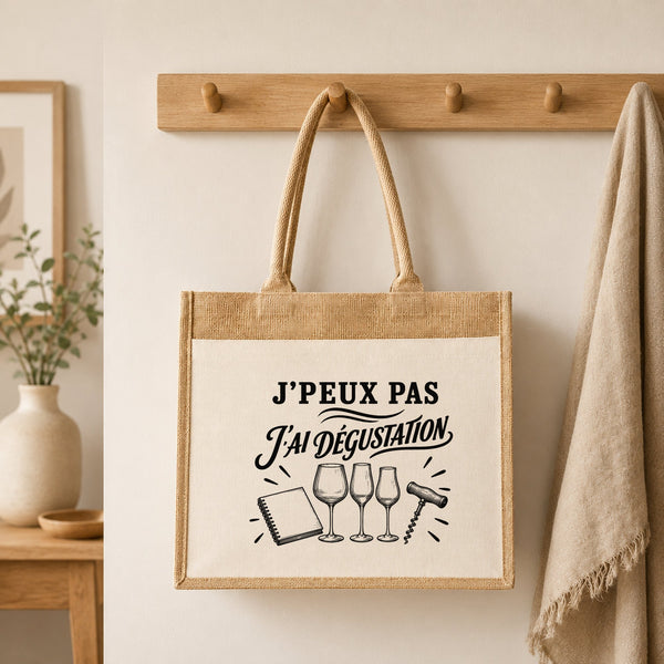 Sac Cabas Jute avec Poche J’peux pas j’ai Dégustation
