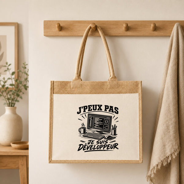 Sac Cabas Jute avec Poche J’peux pas je suis Développeur