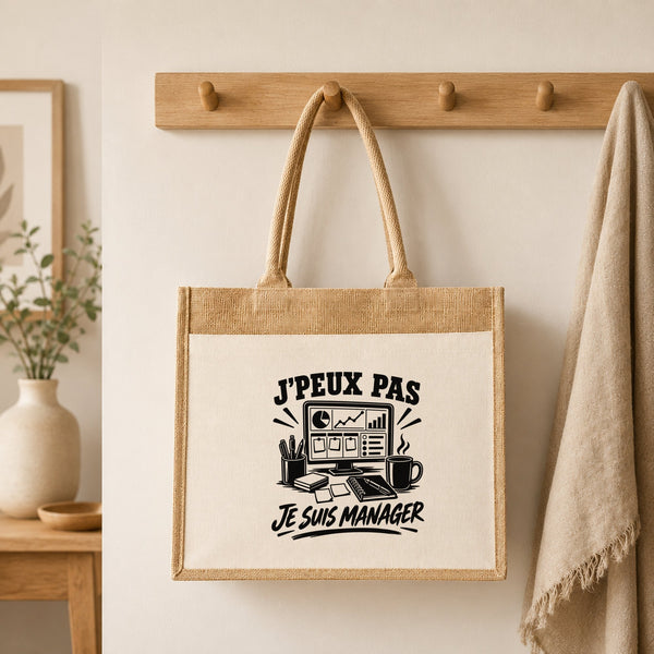 Sac Cabas Jute avec Poche J’peux pas je suis Manager