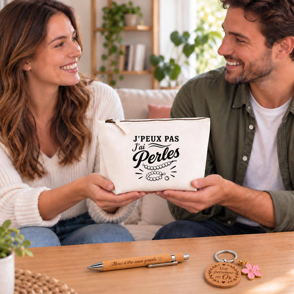 Coffret Cadeau J’peux pas j’ai Perles – Trousse, stylo bambou et porte-clés