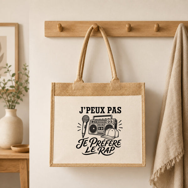 Sac Cabas Jute avec Poche J’peux pas je préfère le Rap