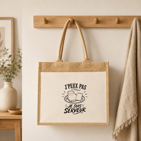 Sac Cabas Jute avec Poche J’peux pas je suis Serveur