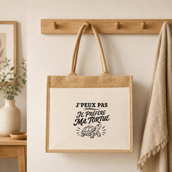 Sac Cabas Jute avec Poche J’peux pas je préfère ma Tortue
