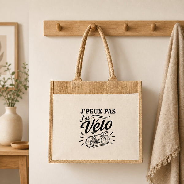 Sac Cabas Jute avec Poche J’peux pas j’ai Vélo