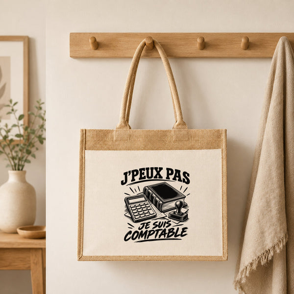 Sac Cabas Jute avec Poche J’peux pas je suis Comptable