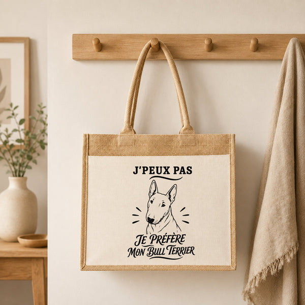 Sac Cabas Jute avec Poche J’peux pas je préfère mon Bull Terrier