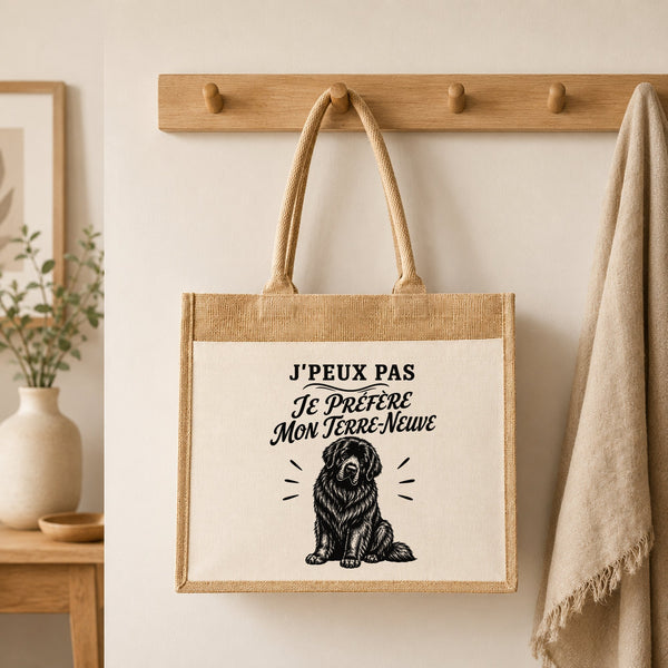 Sac Cabas Jute avec Poche J’peux pas je préfère mon Terre-Neuve