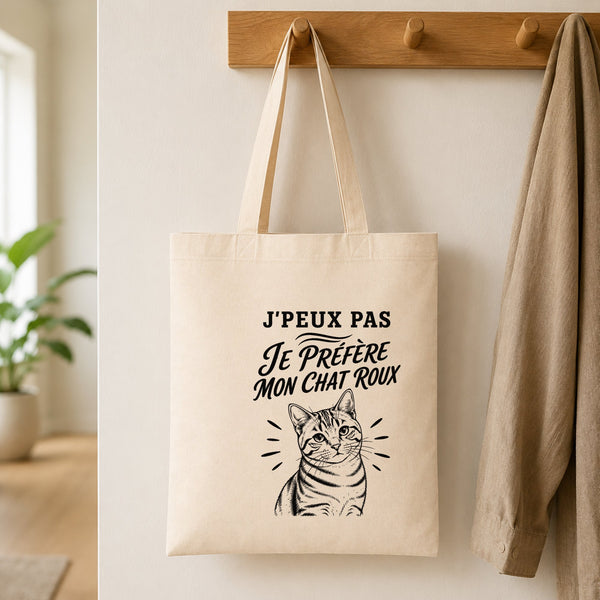 Tote Bag Beige J’peux pas je préfère mon Chat roux