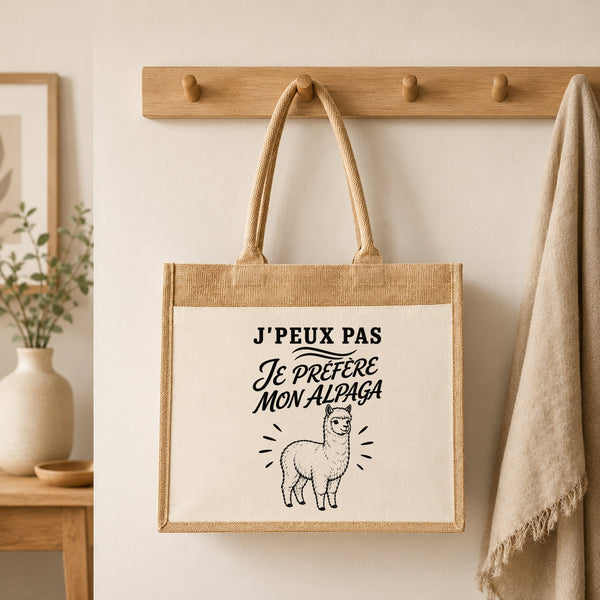 Sac Cabas Jute avec Poche J’peux pas je préfère mon Alpaga