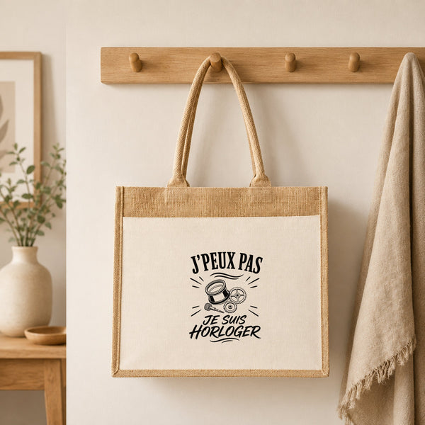 Sac Cabas Jute avec Poche J’peux pas je suis Horloger