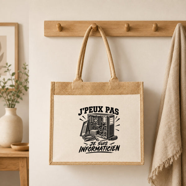 Sac Cabas Jute avec Poche J’peux pas je suis Informaticien