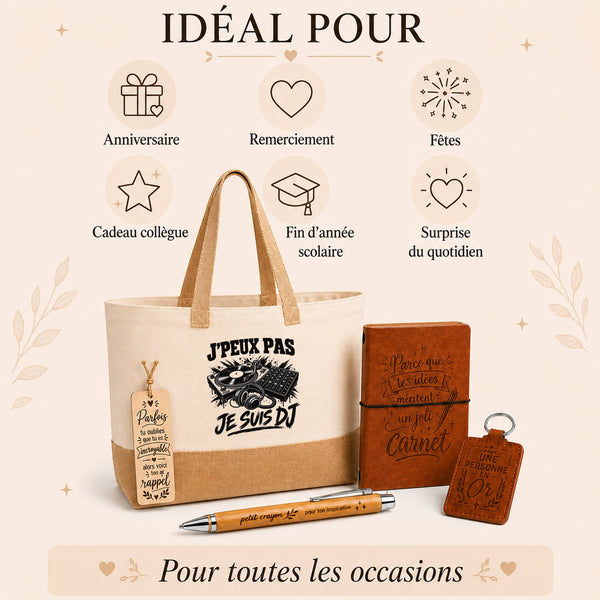 Coffret Cadeau J’peux pas je suis DJ – Sac jute, carnet, stylo, porte-clés et marque-page