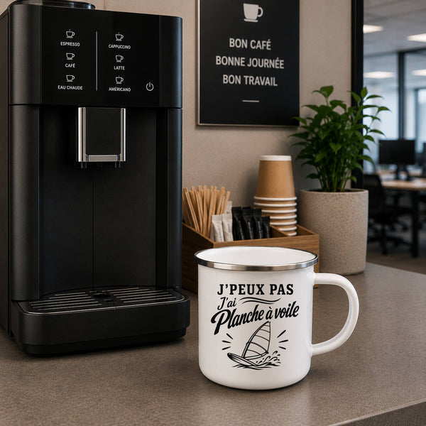 Mug Métal Émaillé J’peux pas j’ai planche à voile J'peux pas minimaliste