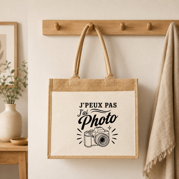 Sac Cabas Jute avec Poche J’peux pas j’ai Photo