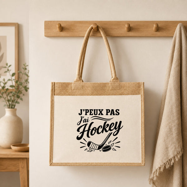 Sac Cabas Jute avec Poche J’peux pas j’ai Hockey