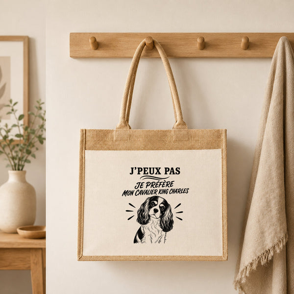 Sac Cabas Jute avec Poche J’peux pas je préfère mon Cavalier King Charles